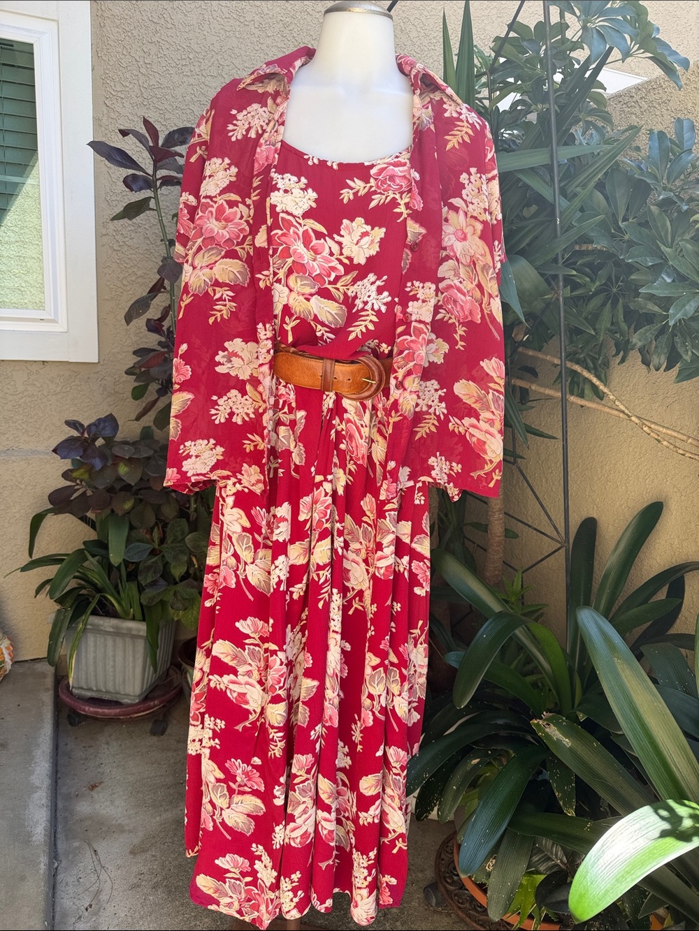 Vintage Avenue Red Floral Rayon Top and Dress with Cream and Pink Blooms